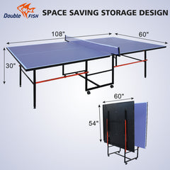 DOUBLE FISH [Folding Table Tennis]9 Ft Folding Regulation Table Tennis Table - 2 Paddles, 2 Balls, 1 Net And Post Set, BLUE, Fold-Up Design, 4 Wheels For Easy Movement