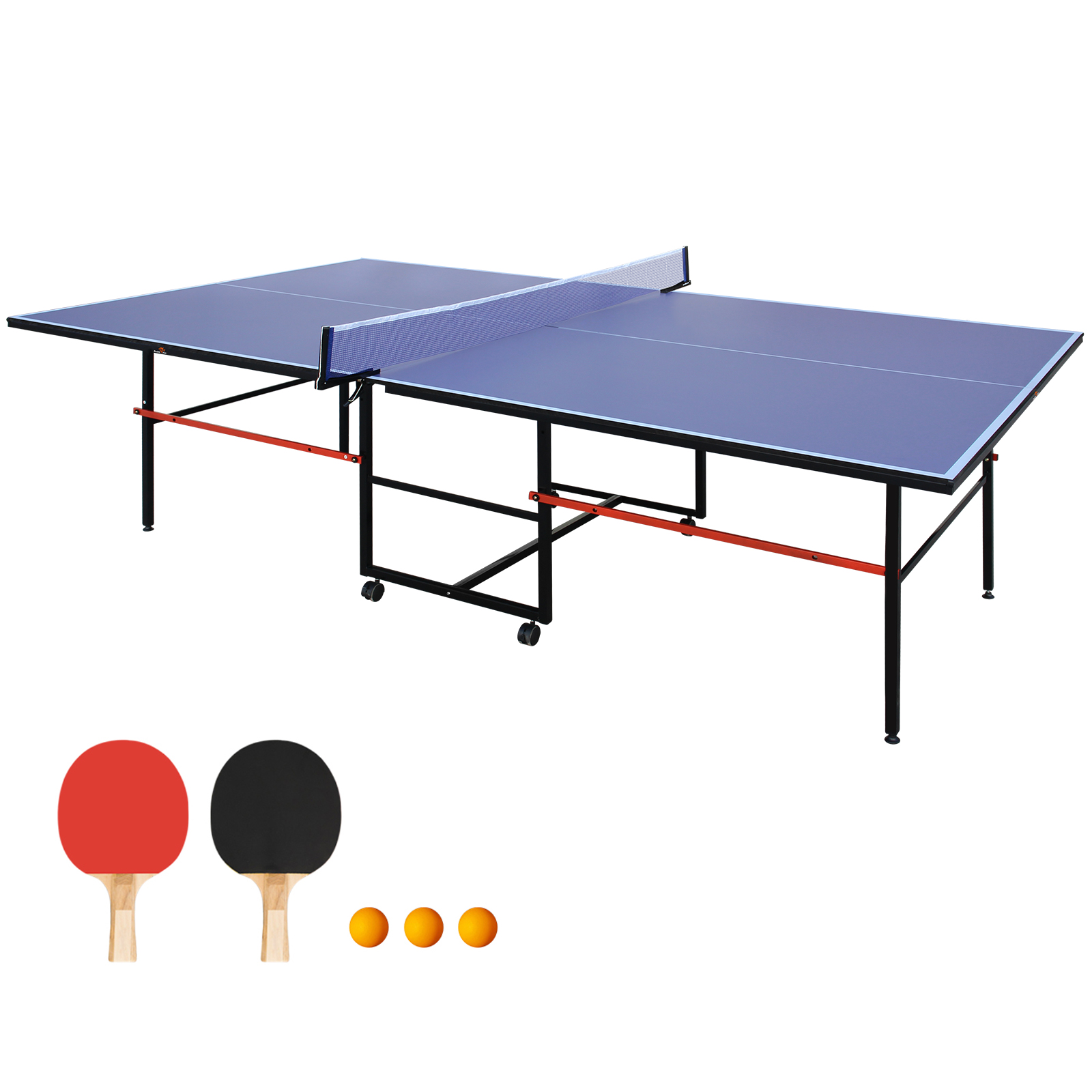 DOUBLE FISH [Folding Table Tennis]9 Ft Folding Regulation Table Tennis Table - 2 Paddles, 2 Balls, 1 Net And Post Set, BLUE, Fold-Up Design, 4 Wheels For Easy Movement