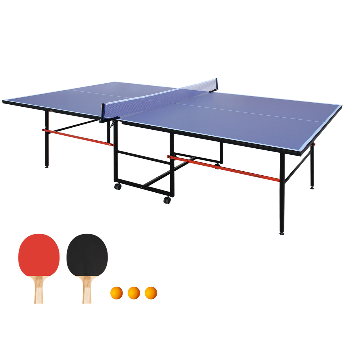 DOUBLE FISH [Folding Table Tennis]9 Ft Folding Regulation Table Tennis Table - 2 Paddles, 2 Balls, 1 Net And Post Set, BLUE, Fold-Up Design, 4 Wheels For Easy Movement