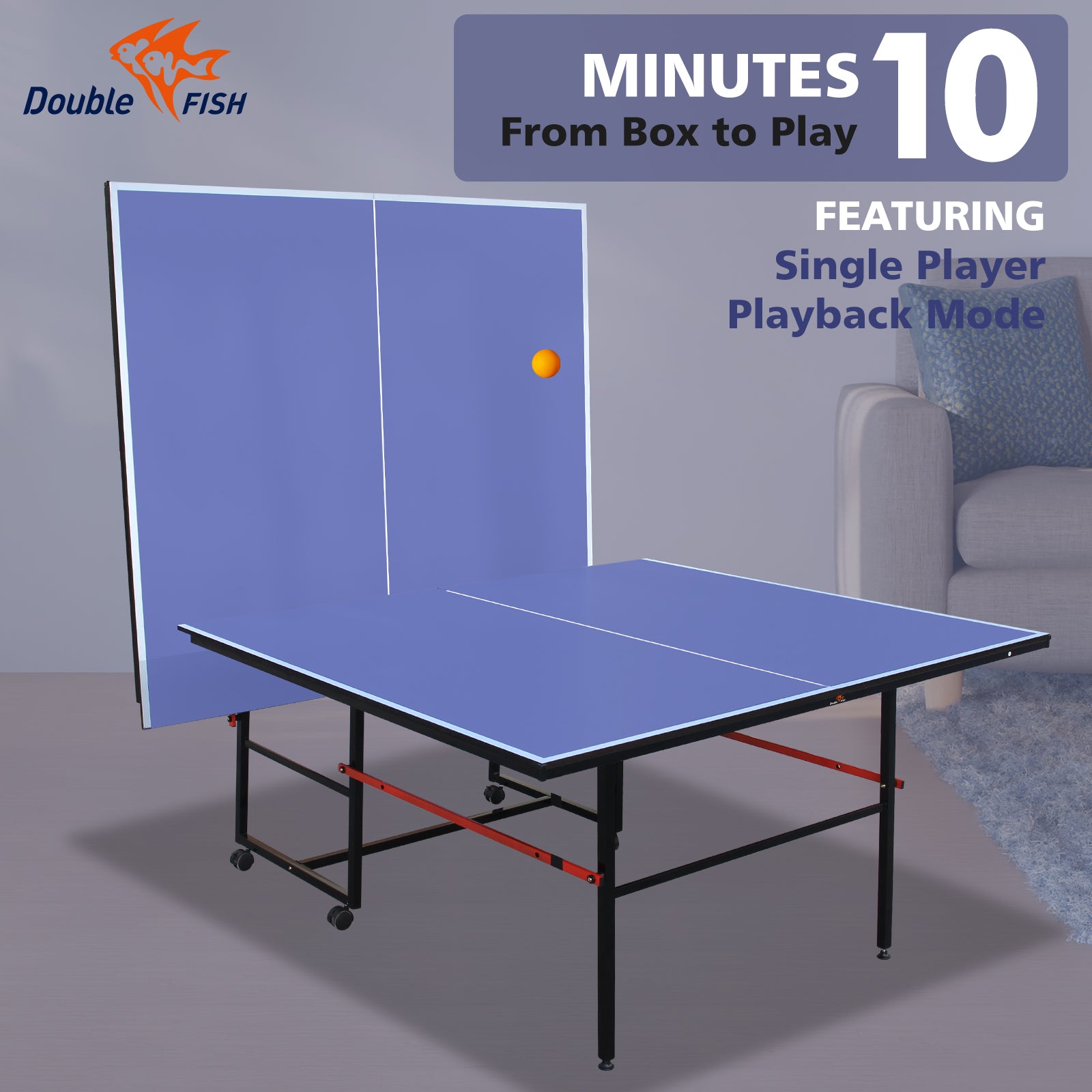 DOUBLE FISH [Folding Table Tennis]9 Ft Folding Regulation Table Tennis Table - 2 Paddles, 2 Balls, 1 Net And Post Set, BLUE, Fold-Up Design, 4 Wheels For Easy Movement
