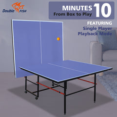 DOUBLE FISH [Folding Table Tennis]9 Ft Folding Regulation Table Tennis Table - 2 Paddles, 2 Balls, 1 Net And Post Set, BLUE, Fold-Up Design, 4 Wheels For Easy Movement