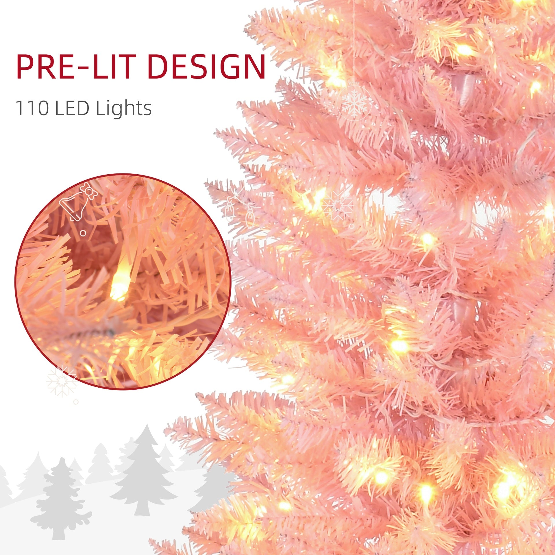 HOMCOM 5' Tall Pre-Lit Slim Noble Fir Artificial Christmas Tree with 110 Warm White LED Lights and 294 Tips, for Christmas Decoration, Pink