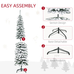HOMCOM 6' Tall Unlit Snow Flocked Artificial Christmas Tree, Slim Pencil Xmas Tree with Realistic Branches and 395 Tips, Green