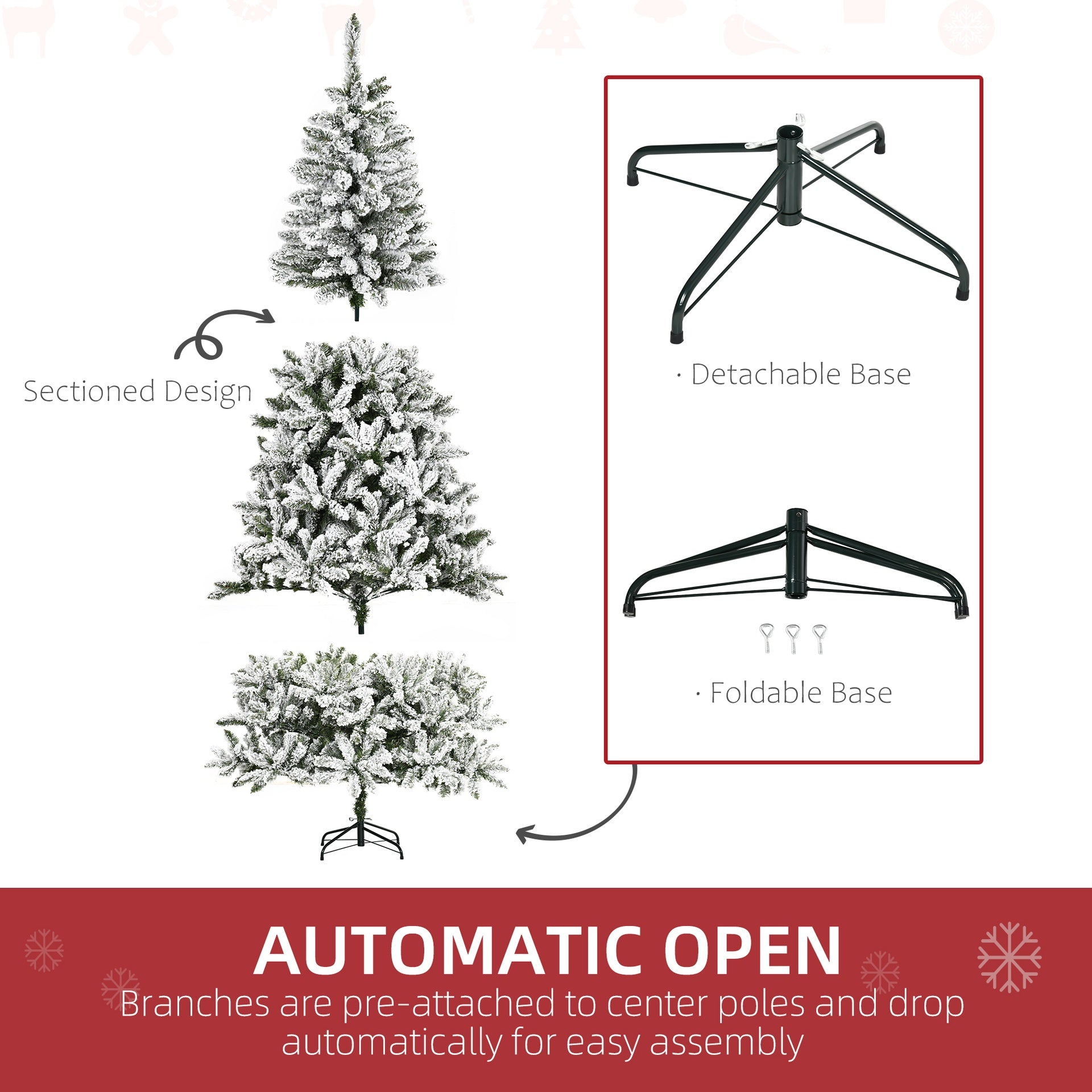 HOMCOM 7.5' Tall Unlit Snow Flocked Pine Artificial Christmas Tree with Realistic Branches, Green