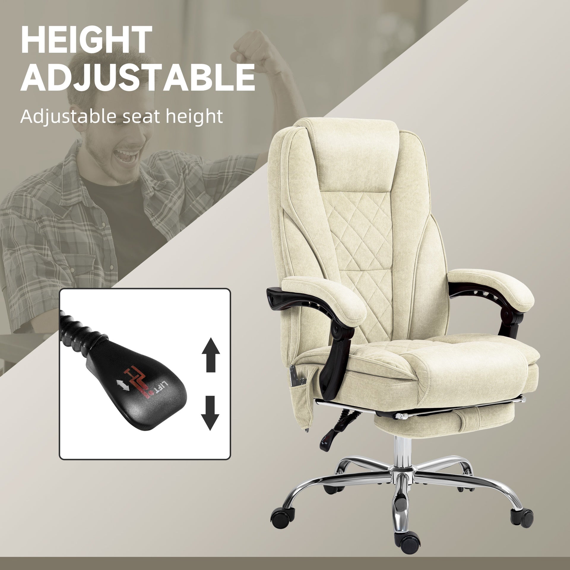 Vinsetto Massage Office Chair with Foot Rest, Executive Office Chair with 6 Vibration Point and Heat, Reclining Computer Chair, Swivel Desk Chair, Adjustable Height, Beige