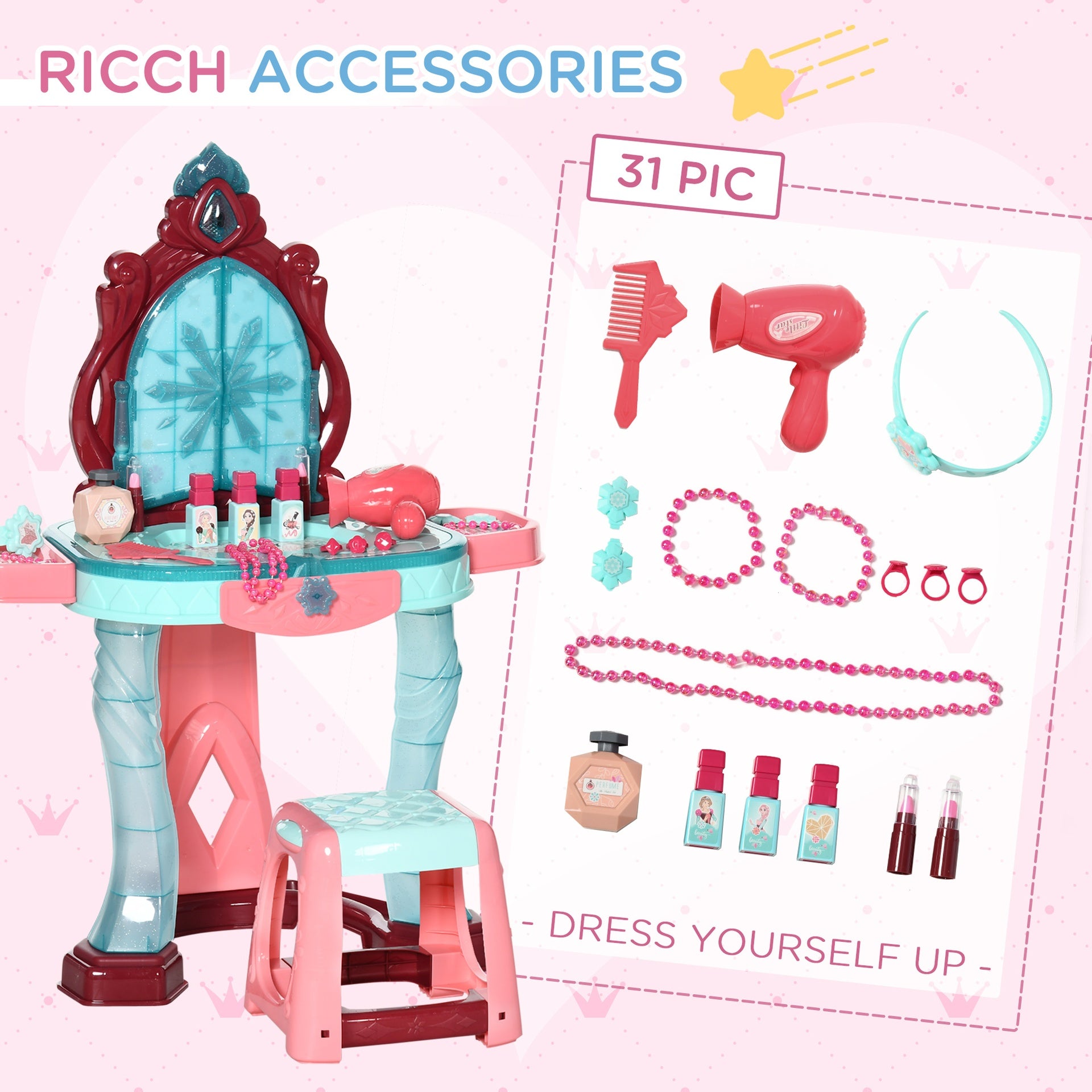 Qaba Kids Vanity Set with Self-Opening Magic Mirror, Princess Makeup Vanity Table Set with Music, Tabletop with Lights, Imaginative Toy for 3-6 Years Old Child