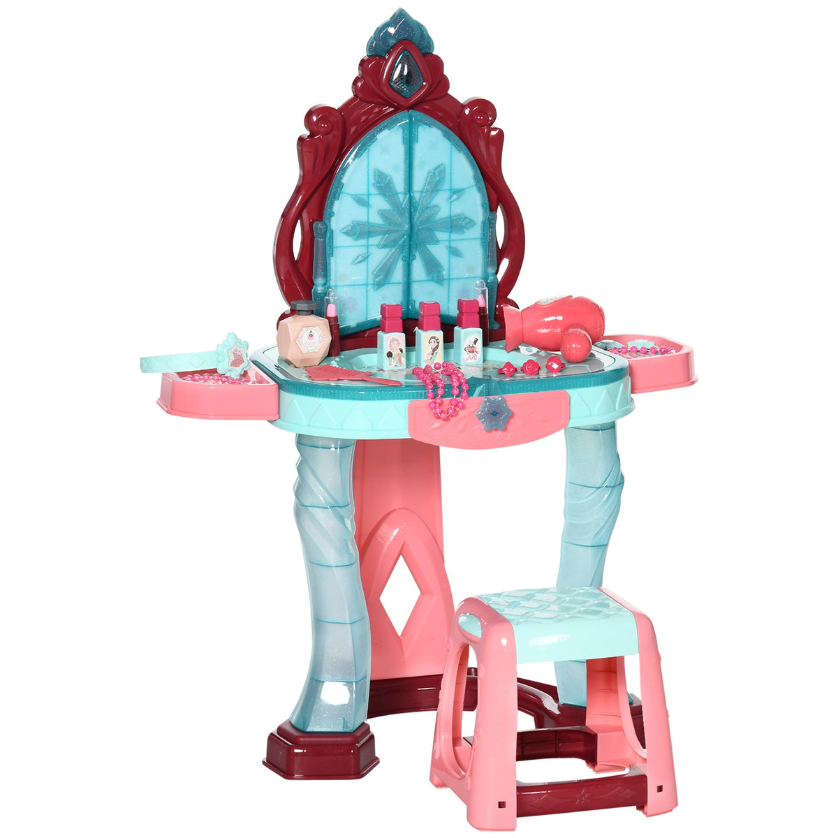Qaba Kids Vanity Set with Self-Opening Magic Mirror, Princess Makeup Vanity Table Set with Music, Tabletop with Lights, Imaginative Toy for 3-6 Years Old Child