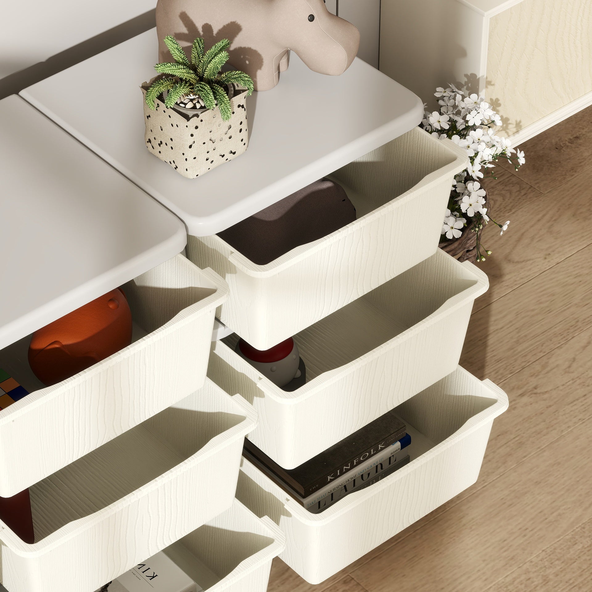 Qaba 3 Tier Kids Storage Unit, 9 Drawer Chest Toy Organizer Plastic Bins for Kids Bedroom Nursery Kindergarten Living Room for Boys Girls Toddlers, Cream White