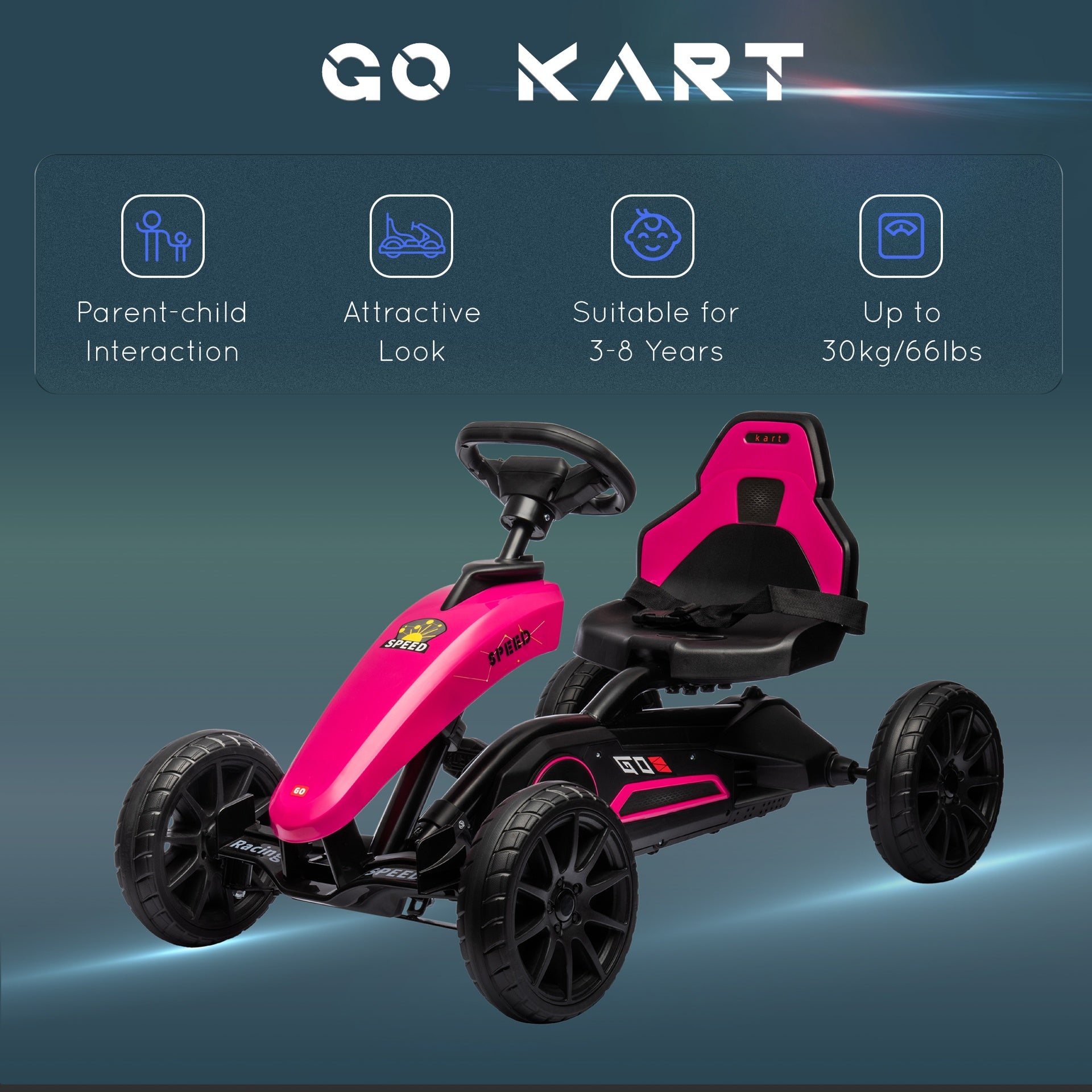 Aosom Kids Pedal Go Kart, Outdoor Ride on Toys with Swing Axle, Adjustable Seat, Handbrake, 4 Shock-Absorbing Wheels, Gift for Boys and Girls Aged 3-8 Years Old, Pink