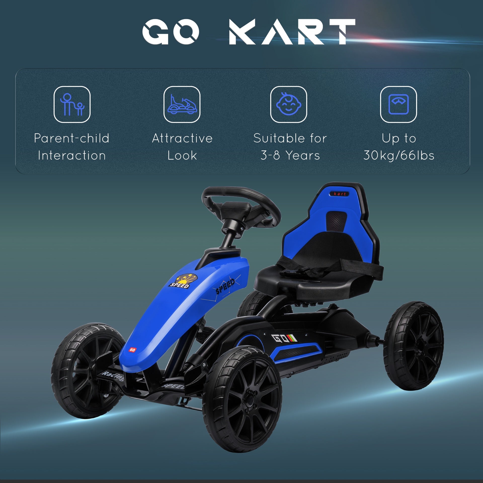 Aosom Kids Pedal Go Kart, Outdoor Ride on Toys with Swing Axle, Adjustable Seat, Handbrake, 4 Shock-Absorbing Wheels, Gift for Boys and Girls Aged 3-8 Years Old, Blue