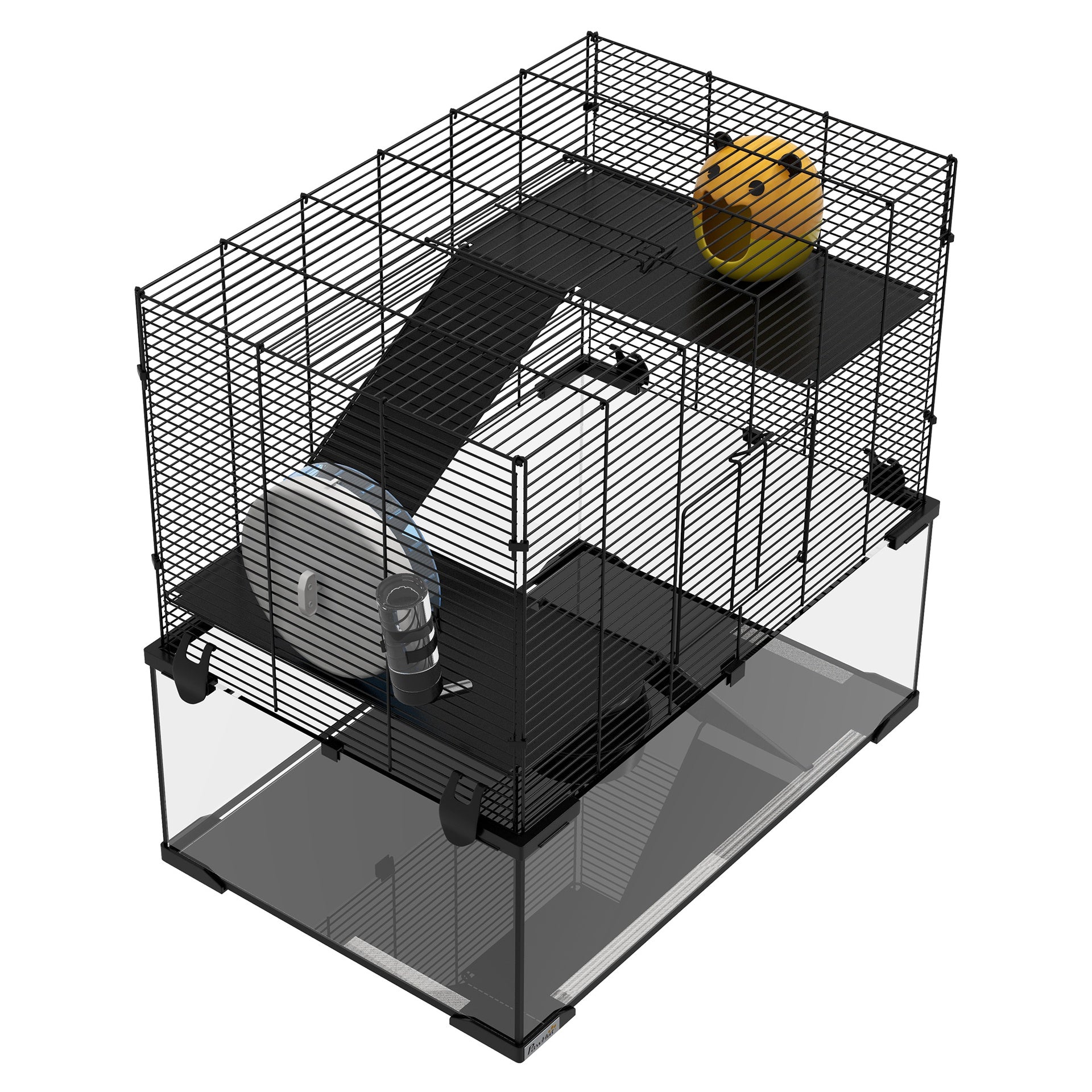 PawHut Hamster Cage, 23.5" Gerbil Cage with Glass Basin, Ramps, Platforms, Hut, Exercise Wheel, for Small Hamsters, Black