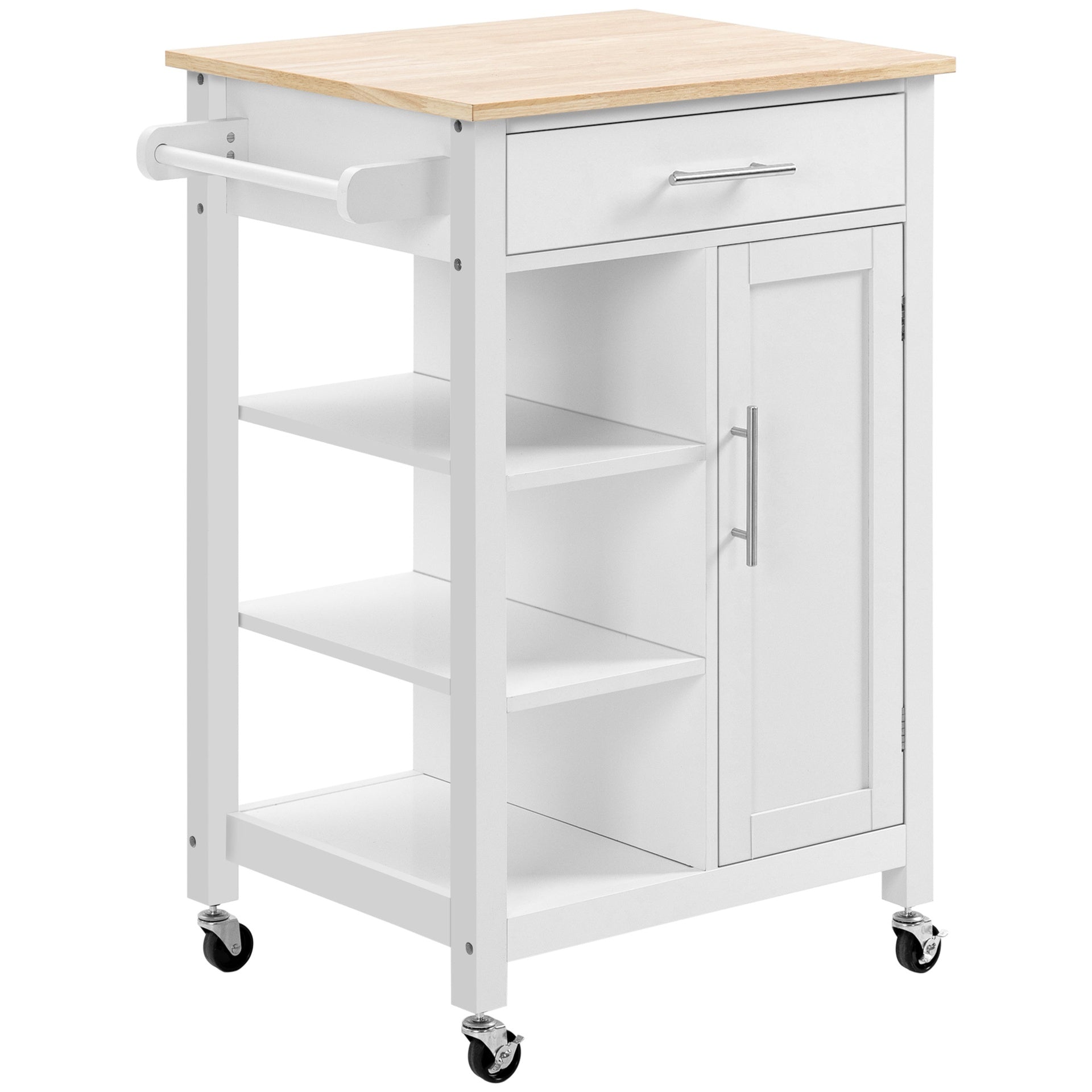 HOMCOM Kitchen Island Cart, Rolling Kitchen Island with Storage Shelf, Solid Wood Top, Drawer, for Dining Room, White