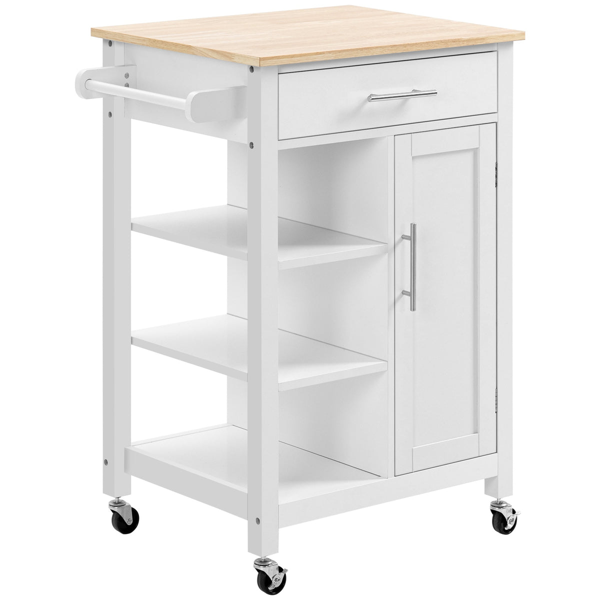 HOMCOM Kitchen Island Cart, Rolling Kitchen Island with Storage Shelf, Solid Wood Top, Drawer, for Dining Room, White