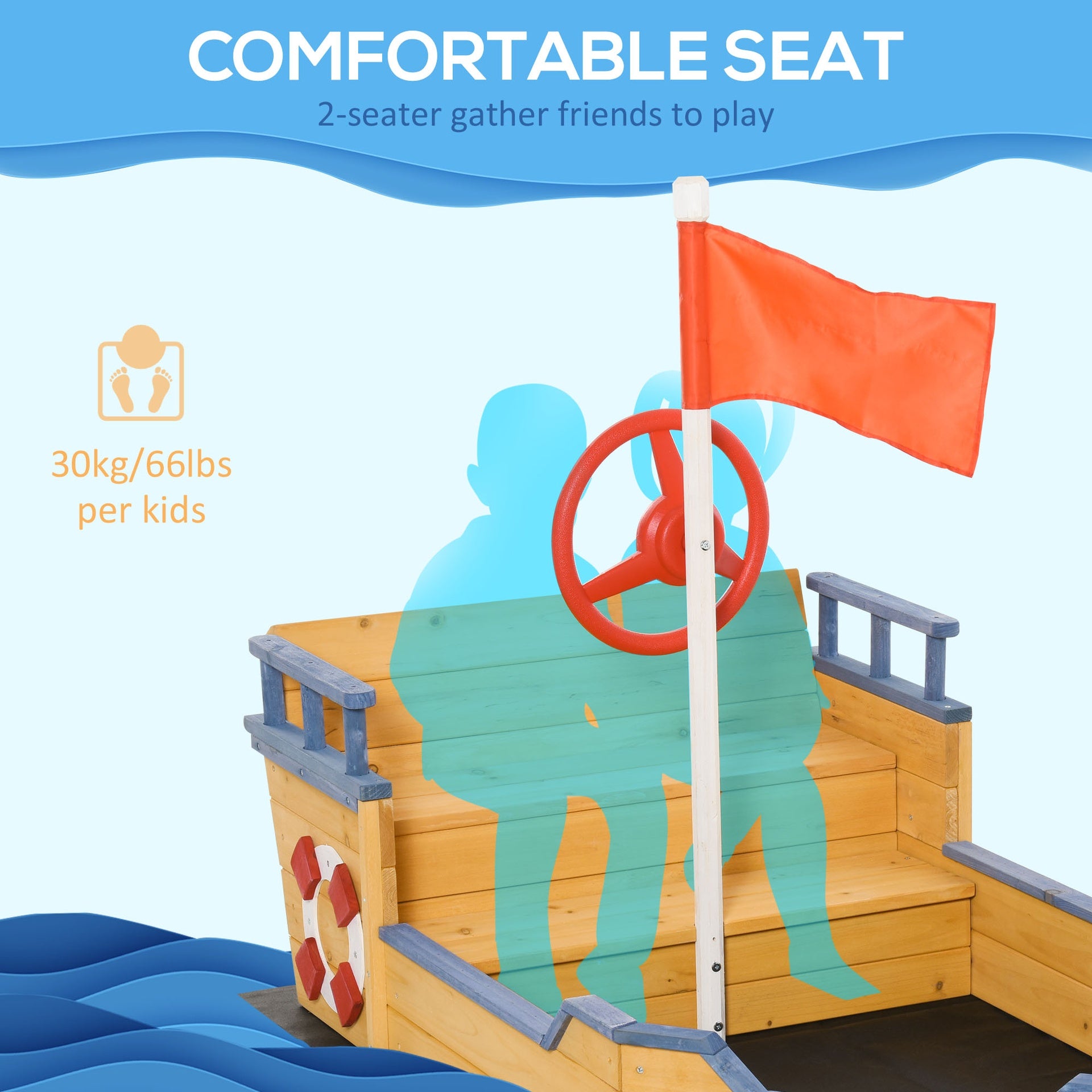 Outsunny Wooden Kids Pirate Sandbox, Outdoor Sandboat with Bench Seats, Storage, Non-Woven Fabric Cloth for Backyard, Lawn