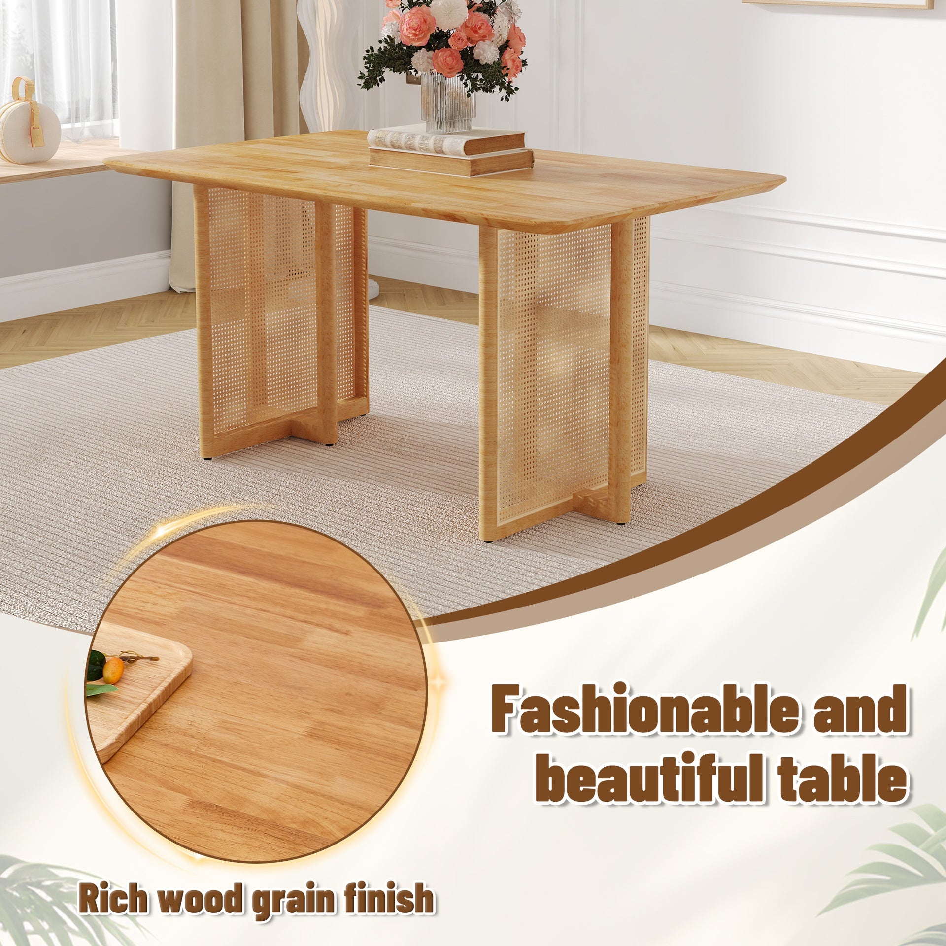 Chinese country retro solid wood dining table, simple modern imitation rattan dining table, wooden dining table.Suitable for dining room, living room, office.Natural Style Solid Wood Dining Table.