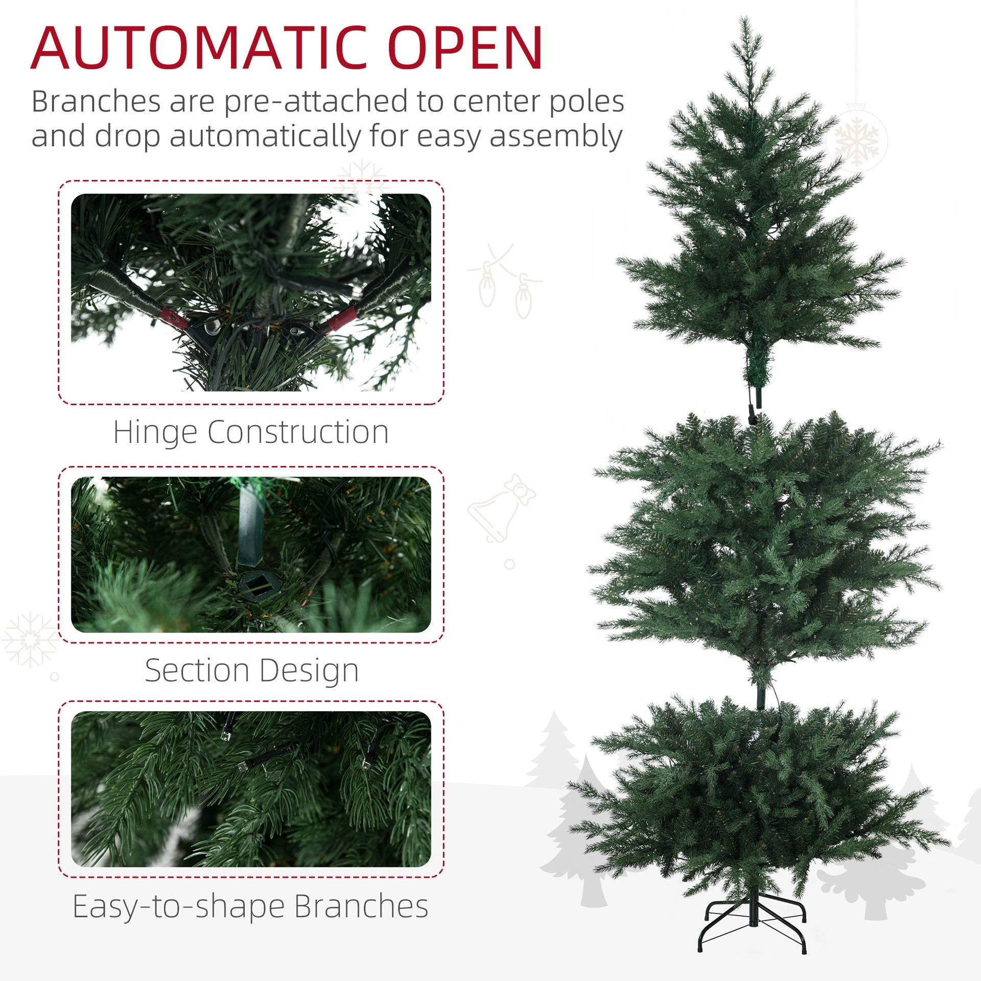HOMCOM 6ft Tall Prelit Artificial Christmas Tree Holiday Décor with 2328 Branches, 400 Warm White LED Lights, Auto Open, 8 Light Modes