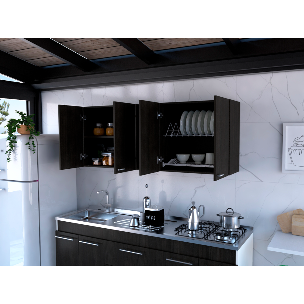 Wall Cabinet 24" H, Four Doors, Two Open Storage Shelves, Two Internal Shelves, Internal Dish and Glass Organizer, Black