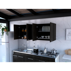 Wall Cabinet 24" H, Four Doors, Two Open Storage Shelves, Two Internal Shelves, Internal Dish and Glass Organizer, Black