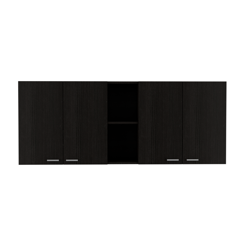 Wall Cabinet 24" H, Four Doors, Two Open Storage Shelves, Two Internal Shelves, Internal Dish and Glass Organizer, Black