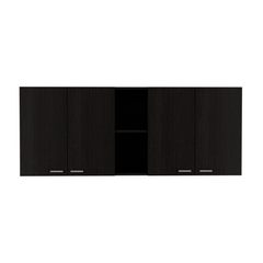 Wall Cabinet 24" H, Four Doors, Two Open Storage Shelves, Two Internal Shelves, Internal Dish and Glass Organizer, Black