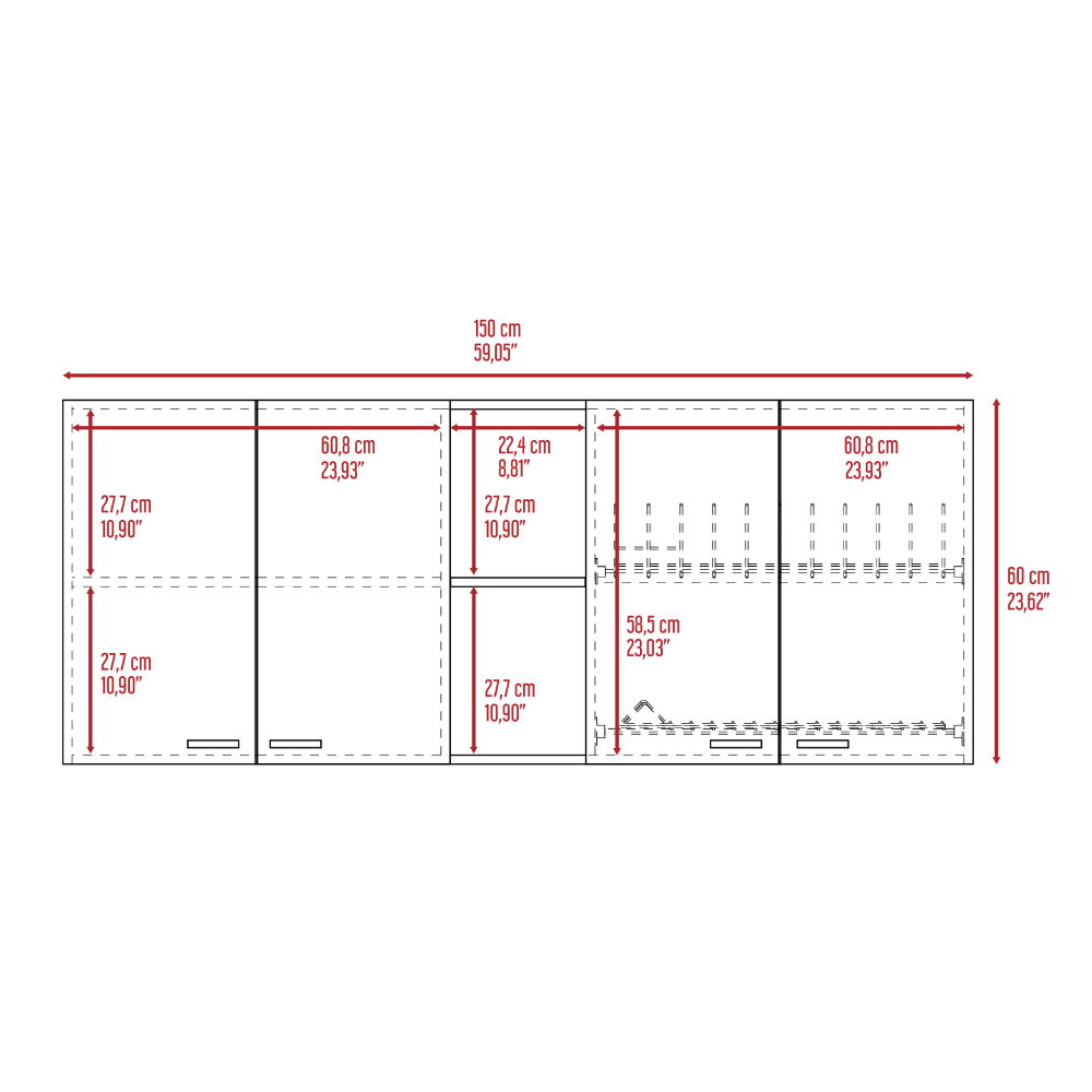 Wall Cabinet 24" H, Four Doors, Two Open Storage Shelves, Two Internal Shelves, Internal Dish and Glass Organizer, Black