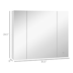 kleankin LED Medicine Cabinet, 35.5 x 29.5" Wall-Mounted Bathroom Vanity Mirror Organizer with Dimmer Touch Switch, Three Doors, and USB Charged, White