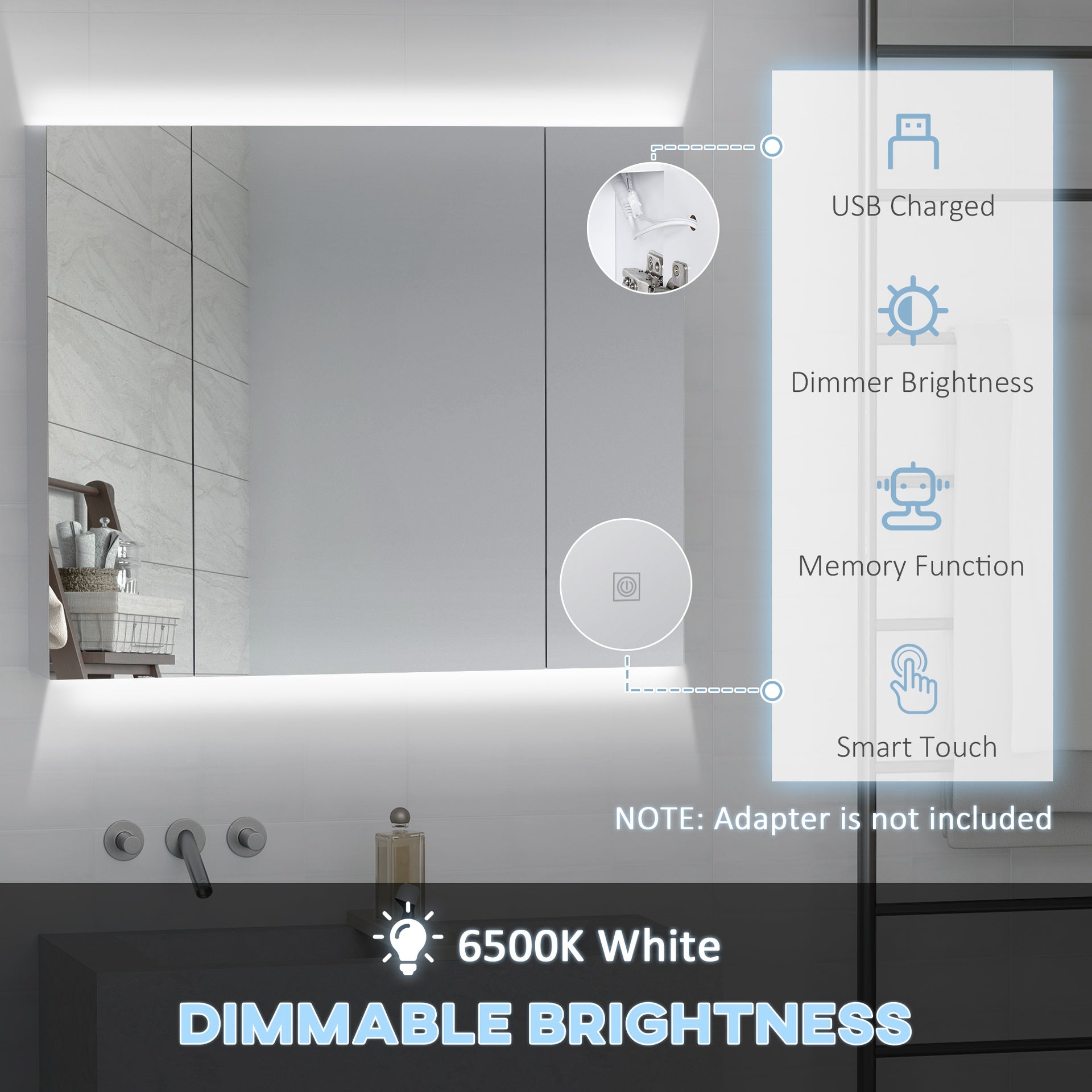 kleankin LED Medicine Cabinet, 35.5 x 29.5" Wall-Mounted Bathroom Vanity Mirror Organizer with Dimmer Touch Switch, Three Doors, and USB Charged, White