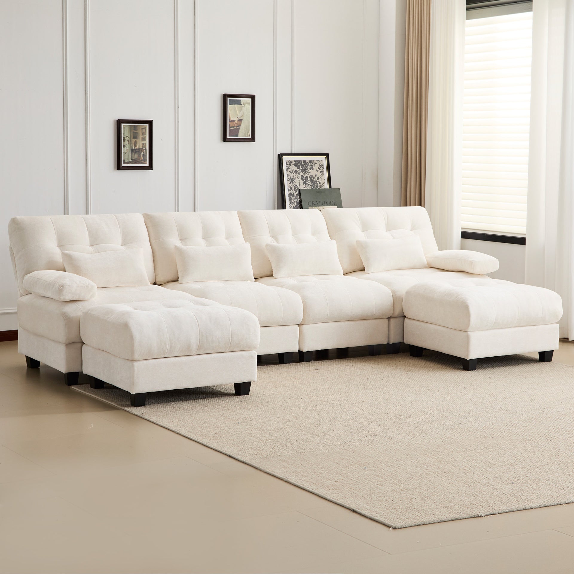 119" 4-Seater Sofa with 2 Ottomans - 4-Position Adjustable Backrest, 350lb/Seat, Soft Chenille Fabric, 4 Throw Pillows, Easy Assembly