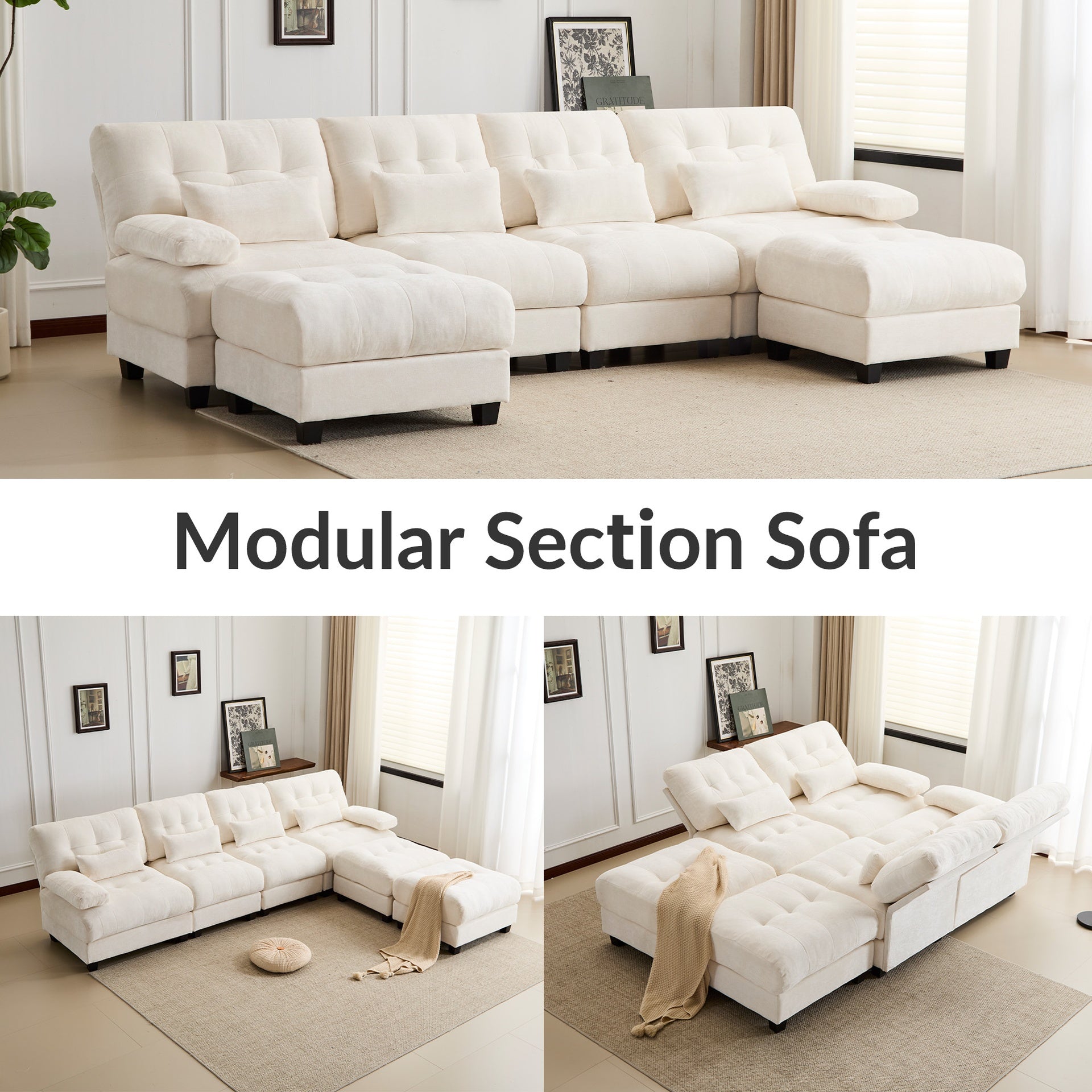 119" 4-Seater Sofa with 2 Ottomans - 4-Position Adjustable Backrest, 350lb/Seat, Soft Chenille Fabric, 4 Throw Pillows, Easy Assembly