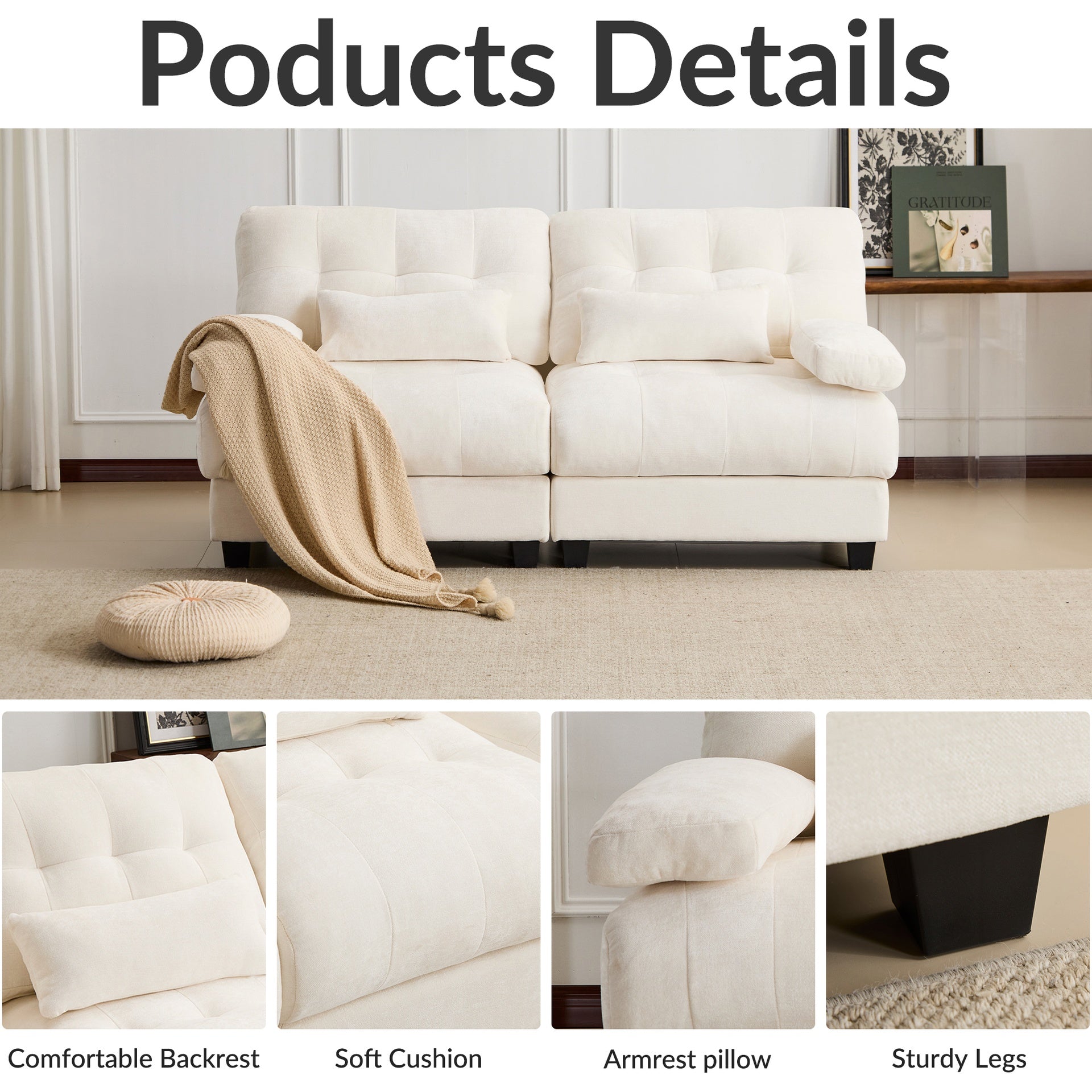67" Loveseat - 4-Position Adjustable Backrest, 350lb/Seat, Soft Chenille Fabric, 2 Throw Pillows, Easy Assembly