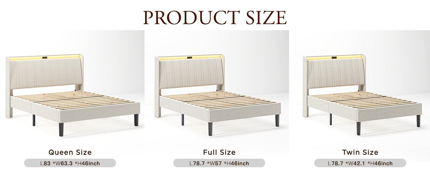 Full Size Platform Bed Frame with Fabric Upholstered Headboard and Wooden Slats Support