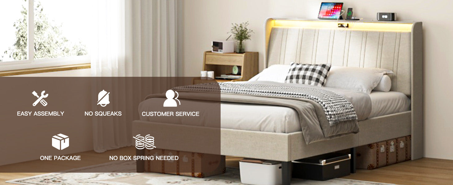 Full Size Platform Bed Frame with Fabric Upholstered Headboard and Wooden Slats Support