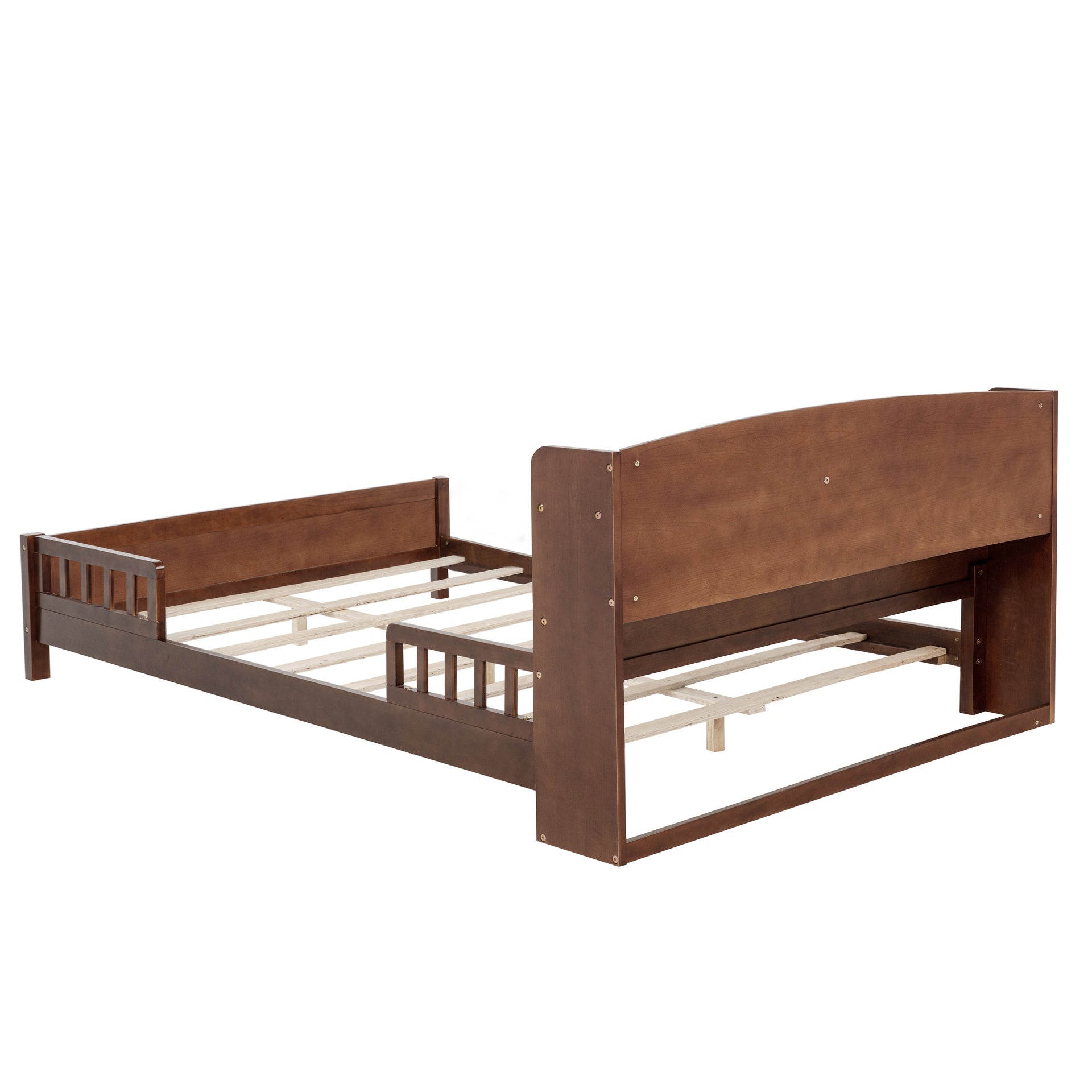 Full Pine Wood Bed with Bookcase Headboard ,LED Motion Sensor Light, Bed Guardrails,Walnut