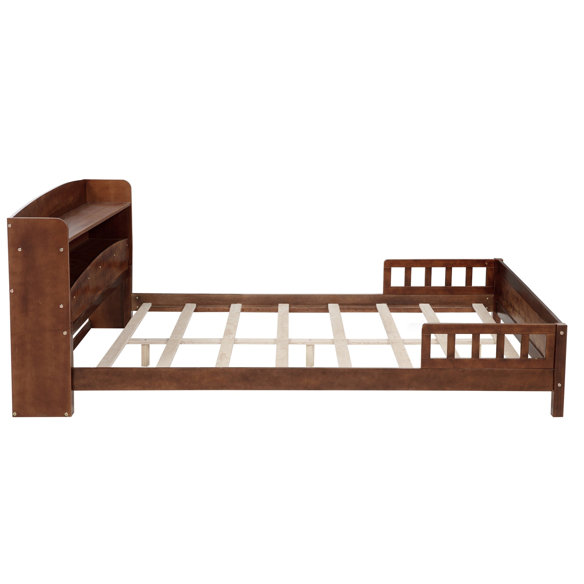 Full Pine Wood Bed with Bookcase Headboard ,LED Motion Sensor Light, Bed Guardrails,Walnut