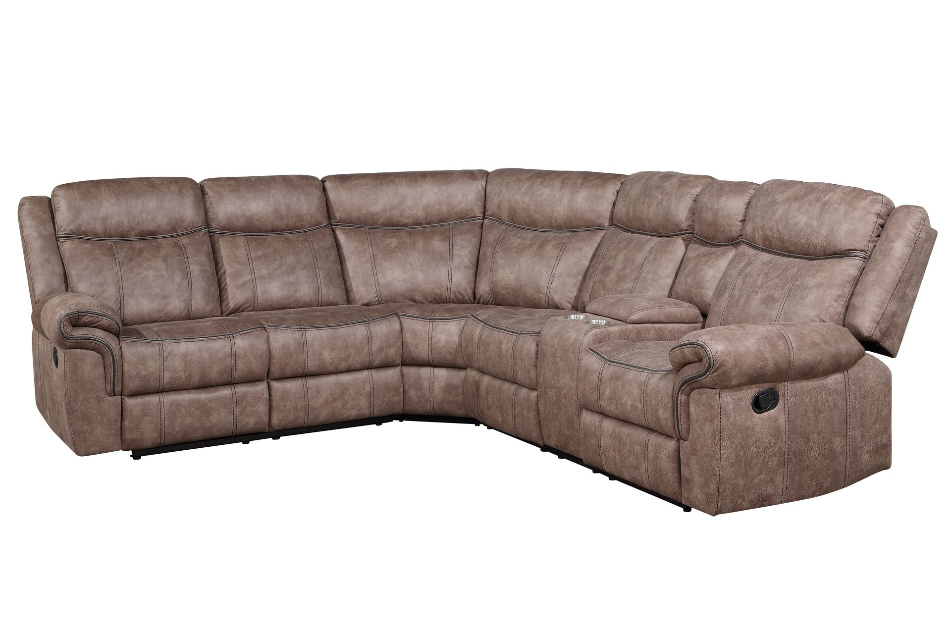 Dollum Two Tone Chocolate Nubuck Manual Recliner Sectional Sofa w/USB Port & Cupholder Console