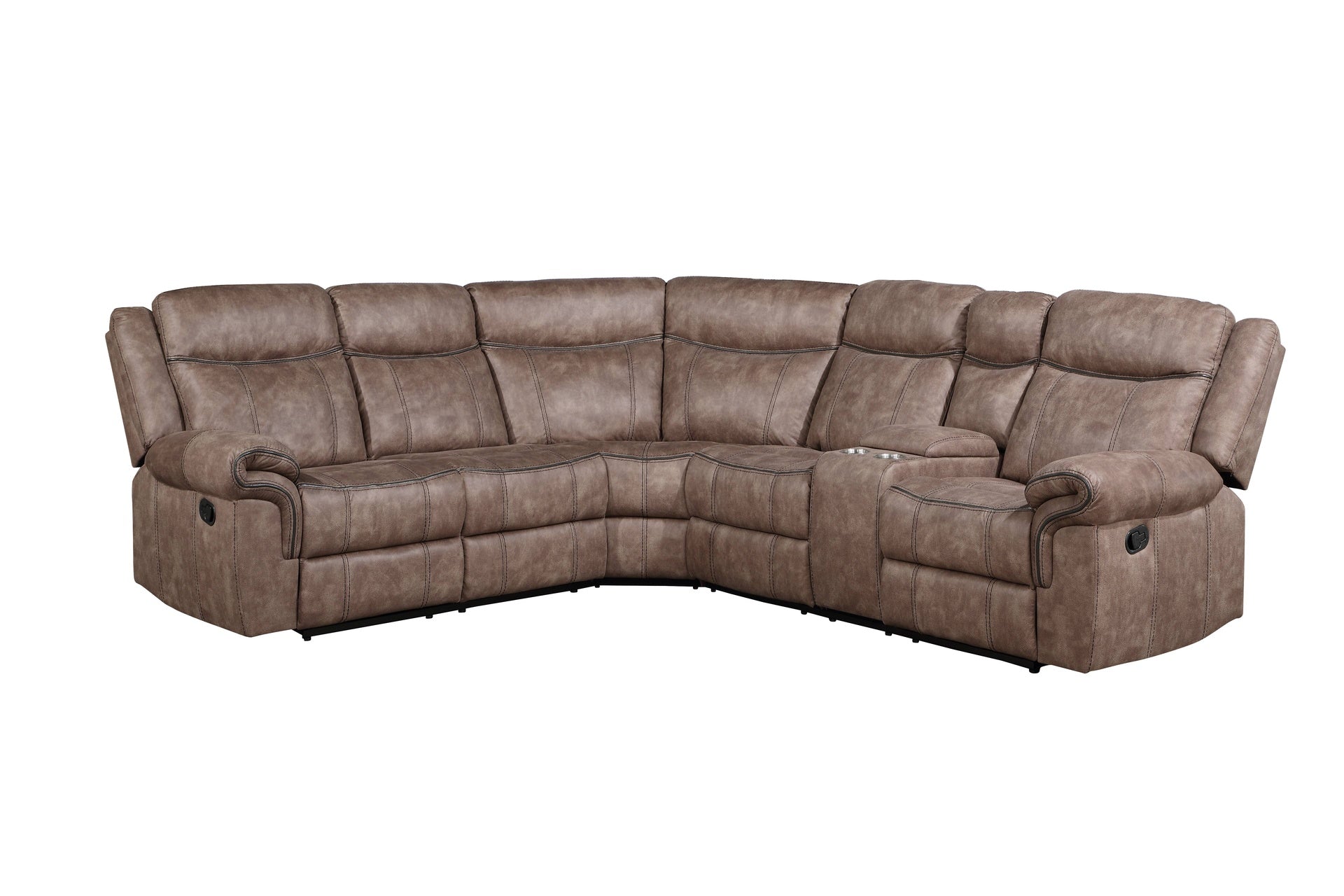 Dollum Two Tone Chocolate Nubuck Manual Recliner Sectional Sofa w/USB Port & Cupholder Console