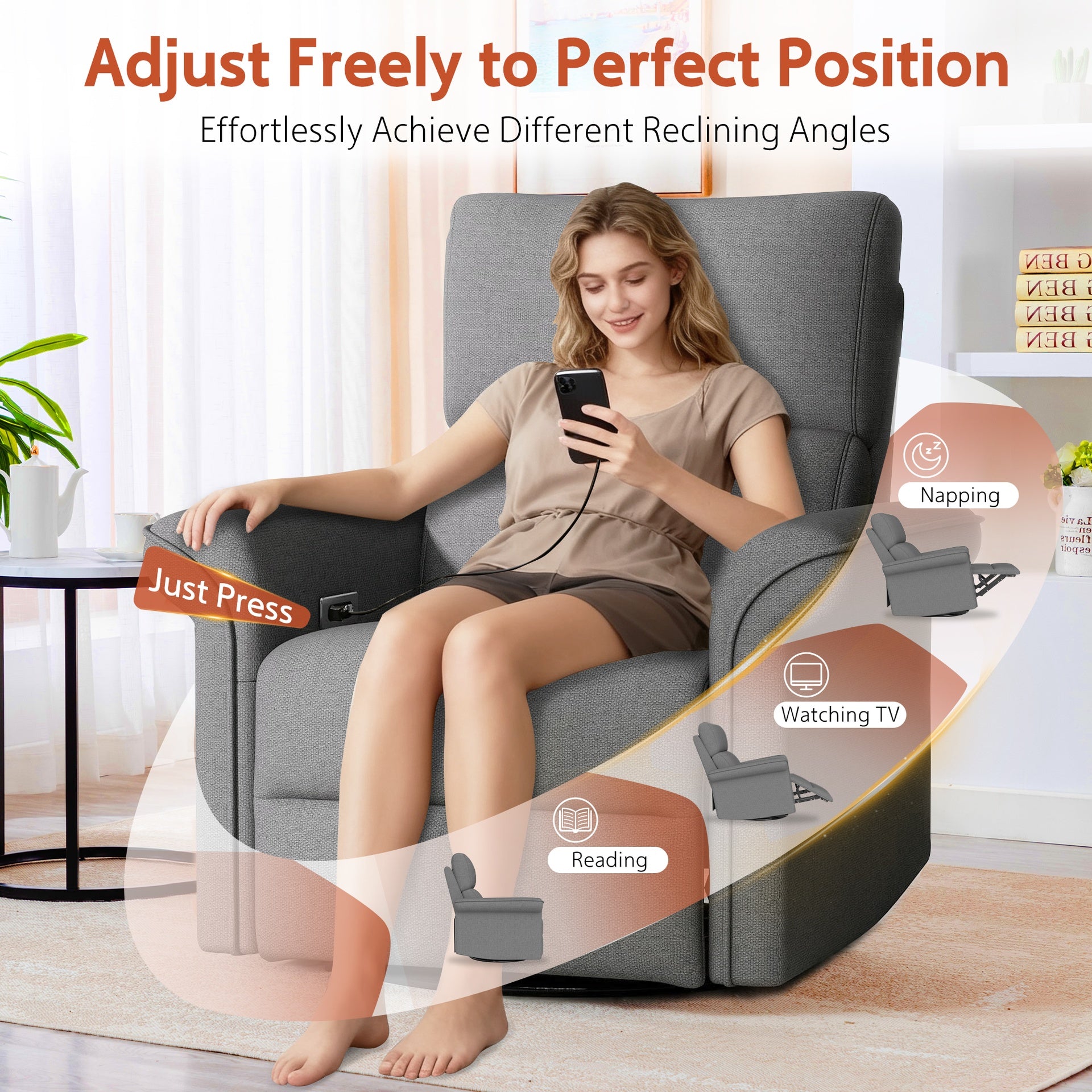 270° Power Swivel Rocker Recliner Chair for Adult,Rocking Glider Nursery Recliner for Small Spaces,Fabric Rocking Chair for Nursery,Single Sofa Recliner for Home Theater Living Room Bedroom(Dark Gray)