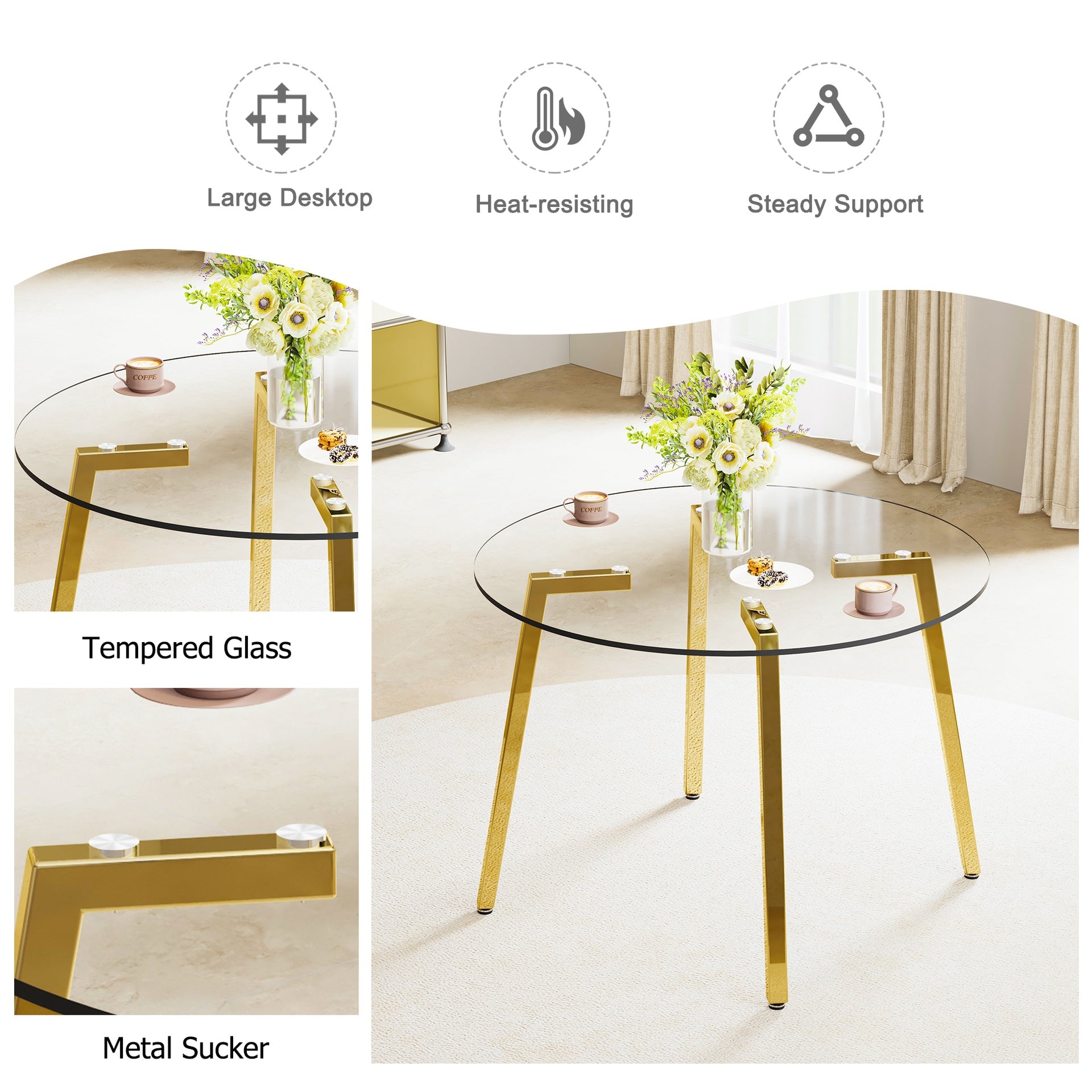 Table and chair set.Modern circular transparent tempered glass table, tempered glass tabletop, golden metal table legs.A Set of  4 Transparent Plastic Chairs with gold legs.