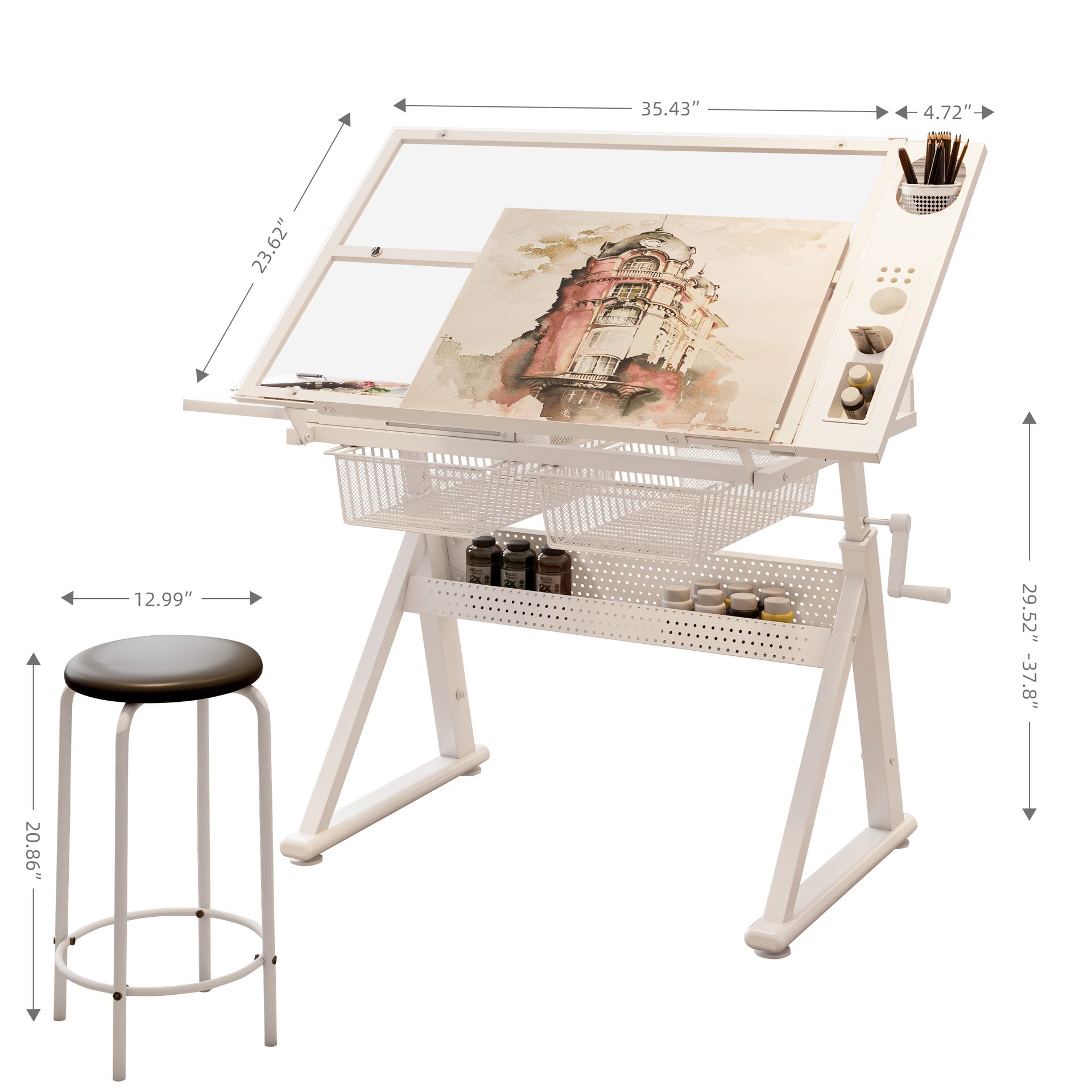 Hand crank adjustable tempered glass  drafting drawing and printing table with chair and storage space for living room, study, bedroom(white)