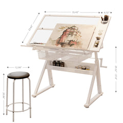 Hand crank adjustable tempered glass  drafting drawing and printing table with chair and storage space for living room, study, bedroom(white)