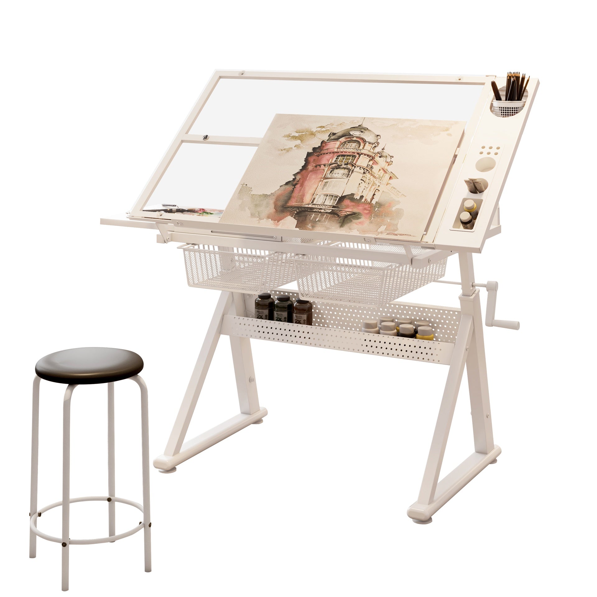 Hand crank adjustable tempered glass  drafting drawing and printing table with chair and storage space for living room, study, bedroom(white)