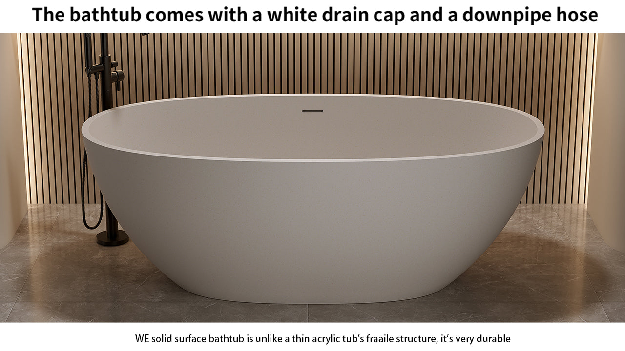 55'' Freestanding Bathtub Resin Stone Soaking Bathtub Solid Surface Modern Tubs with Overflow and Pop-up Drain