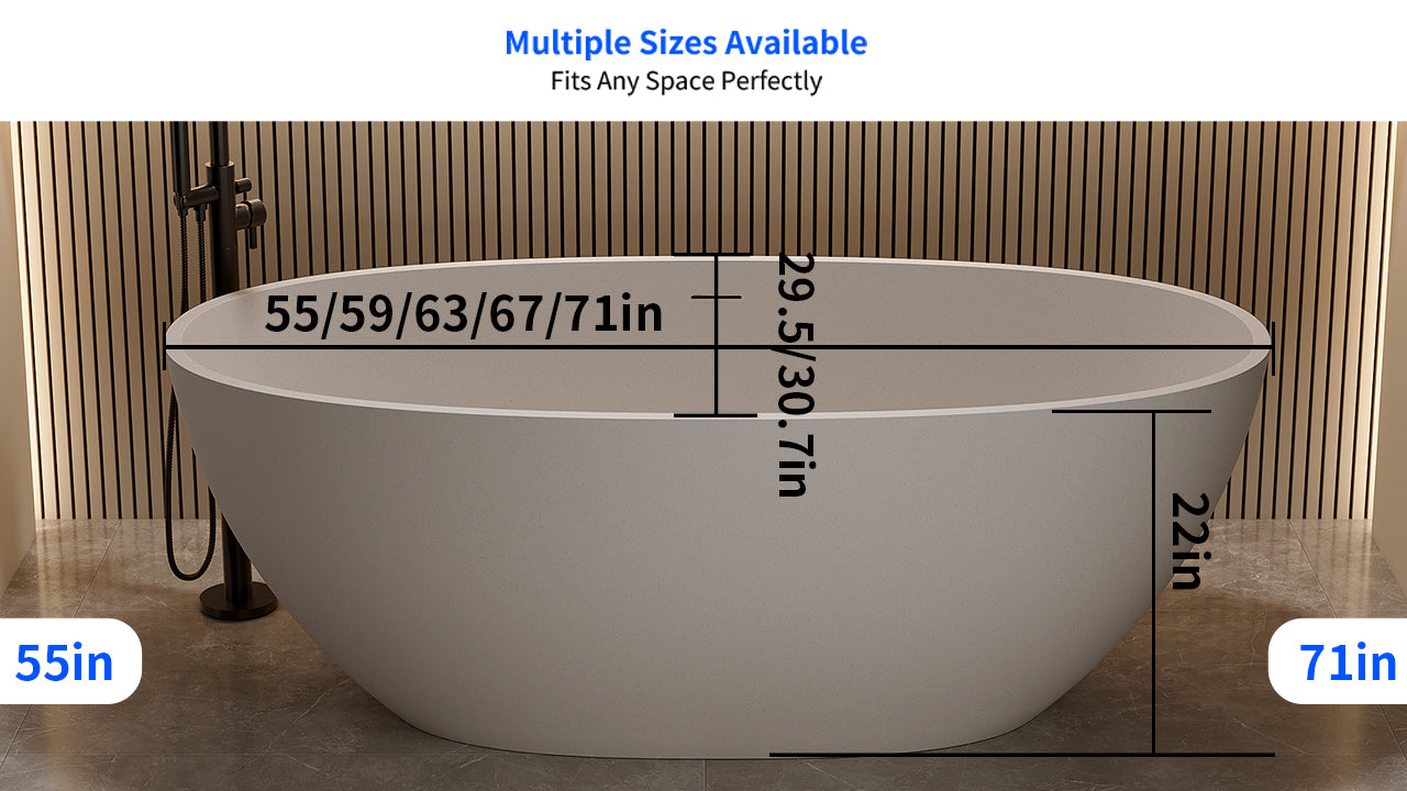 55'' Freestanding Bathtub Resin Stone Soaking Bathtub Solid Surface Modern Tubs with Overflow and Pop-up Drain
