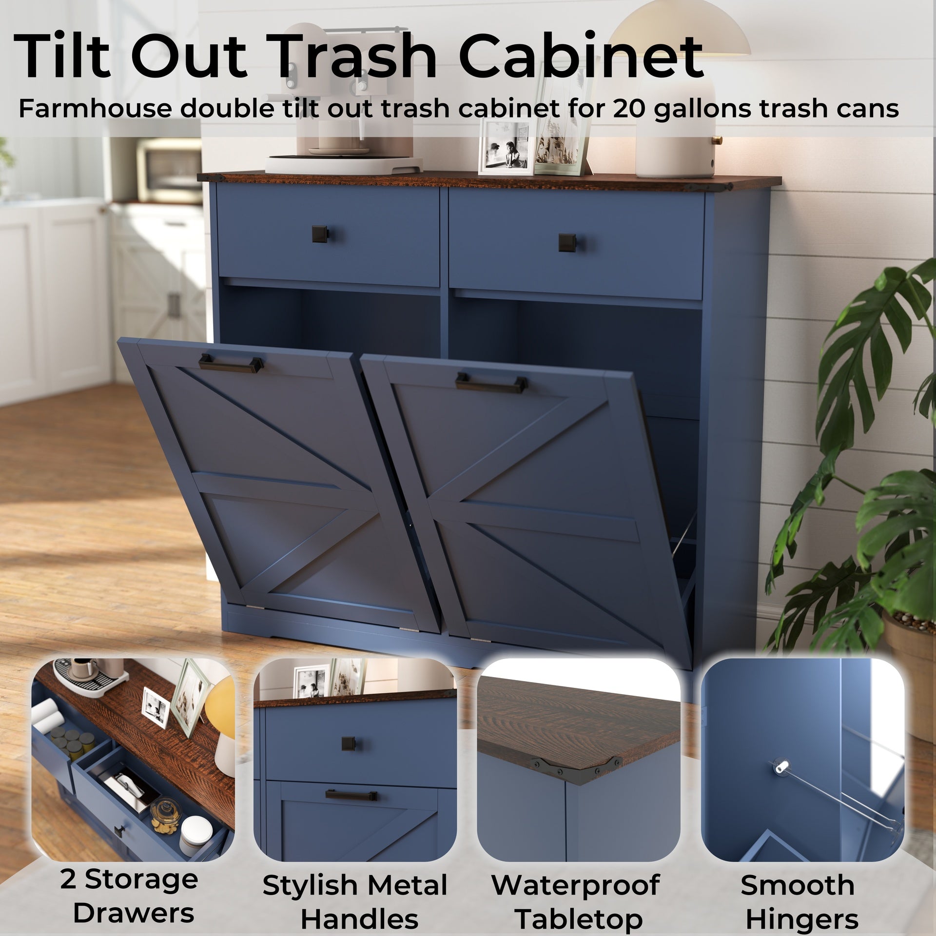Farmhouse Blue Double Tilt Out Trash Cabinet for 20 Gallon Trash Cans, Free Standing Recycling Cabinet with Hideaway Drawer, Barn Door Style Laundry Sorter Cabinet, Tilt Out Trash Cabinet for Kitchen