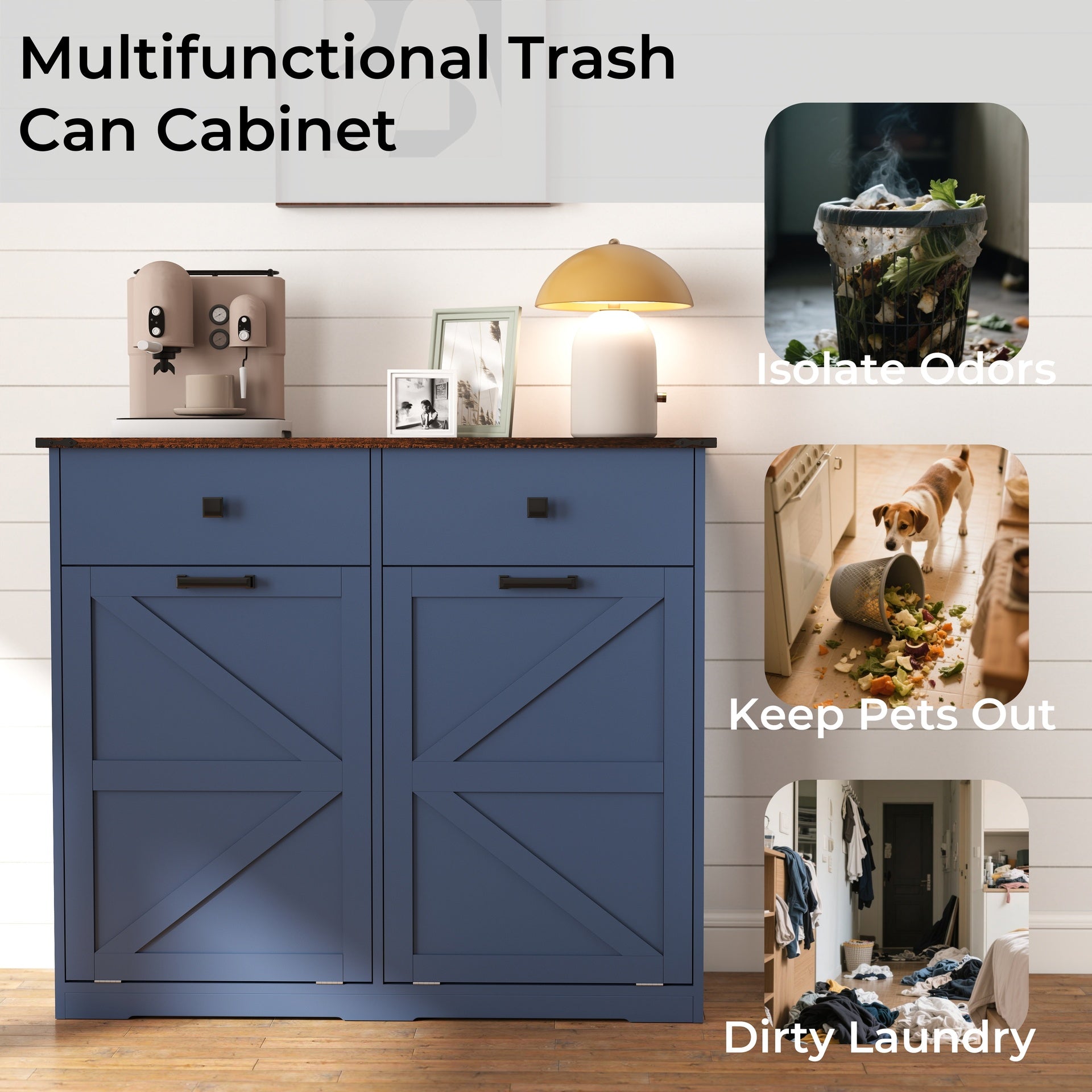 Farmhouse Blue Double Tilt Out Trash Cabinet for 20 Gallon Trash Cans, Free Standing Recycling Cabinet with Hideaway Drawer, Barn Door Style Laundry Sorter Cabinet, Tilt Out Trash Cabinet for Kitchen