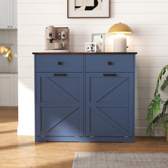 Farmhouse Blue Double Tilt Out Trash Cabinet for 20 Gallon Trash Cans, Free Standing Recycling Cabinet with Hideaway Drawer, Barn Door Style Laundry Sorter Cabinet, Tilt Out Trash Cabinet for Kitchen