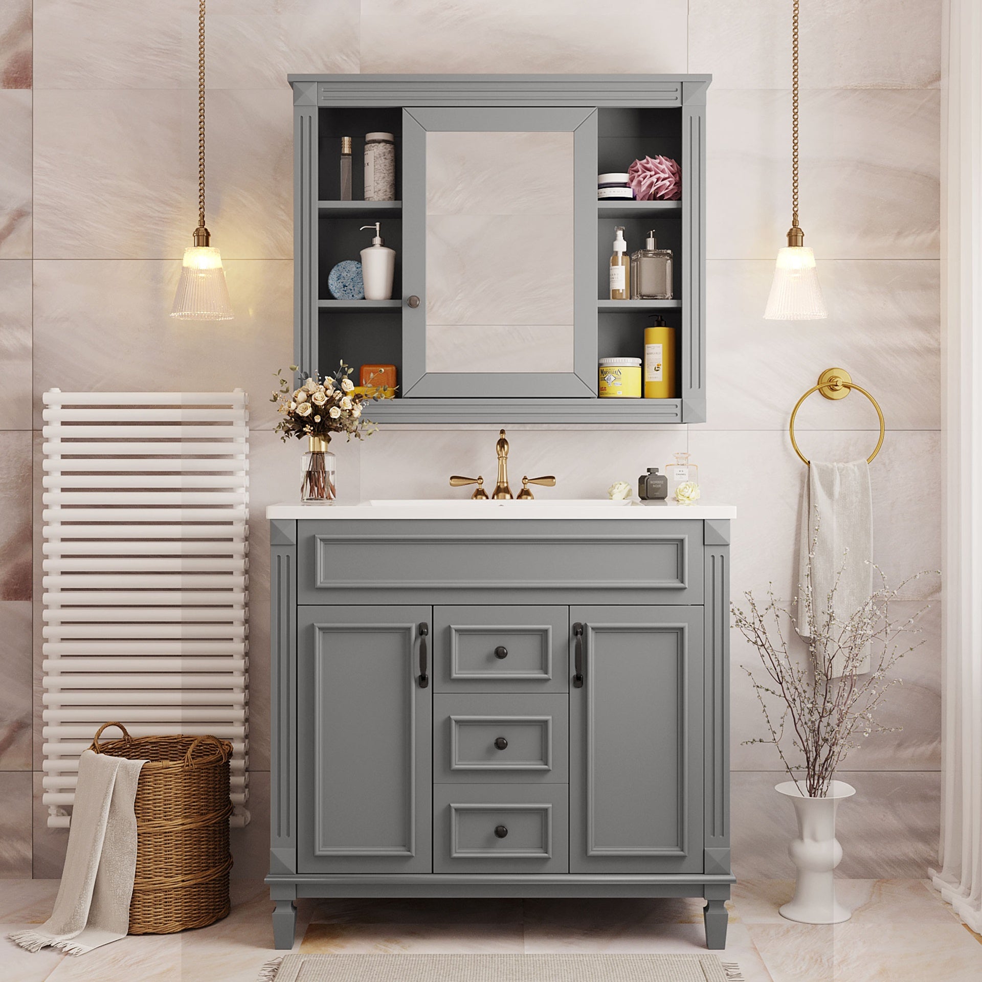 36'' Bathroom Vanity with Top Sink, Mirror Cabinet, Modern Bathroom Storage Cabinet with 2 Soft Closing Doors and 2 Drawers, Single Sink Bathroom Vanity