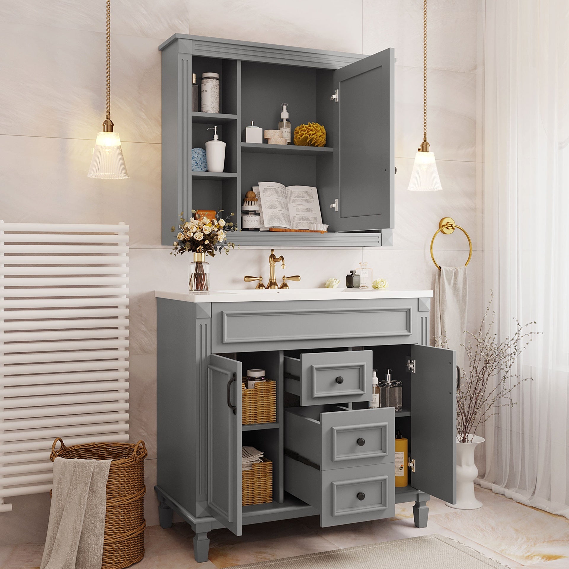 36'' Bathroom Vanity with Top Sink, Mirror Cabinet, Modern Bathroom Storage Cabinet with 2 Soft Closing Doors and 2 Drawers, Single Sink Bathroom Vanity