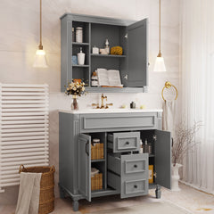 36'' Bathroom Vanity with Top Sink, Mirror Cabinet, Modern Bathroom Storage Cabinet with 2 Soft Closing Doors and 2 Drawers, Single Sink Bathroom Vanity