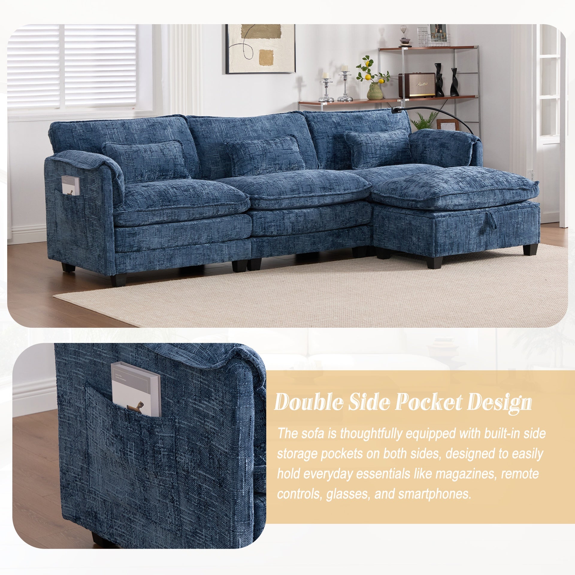 UNITED WE WIN 112" Oversized Sectional Sofa Cloud Couch for Living Room, Modern Chenille L Shaped Couch, Comfy Boucle Modular Sofa Sleeper with Movable Storage Ottoman, Phone Holder, USB Charging Port